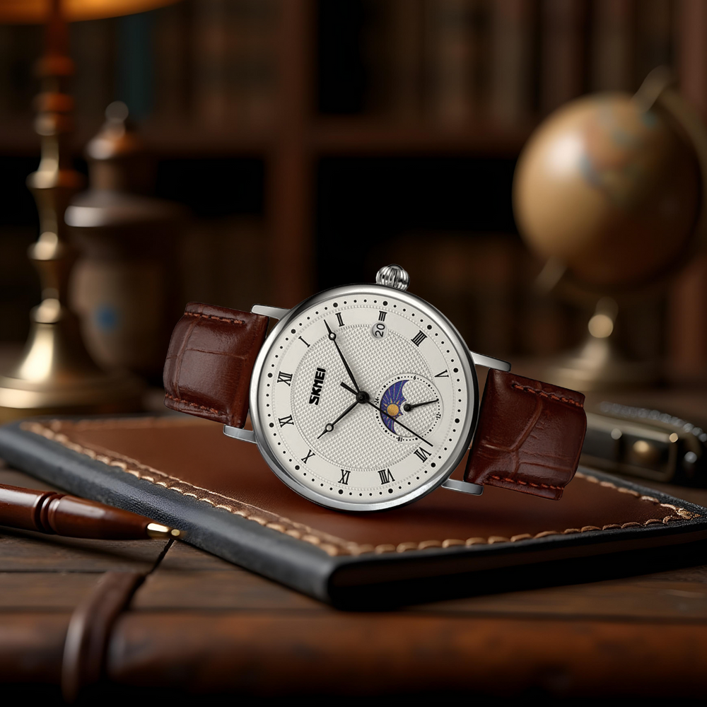 Mondphasenuhr aus Edelstahl mit Kristall